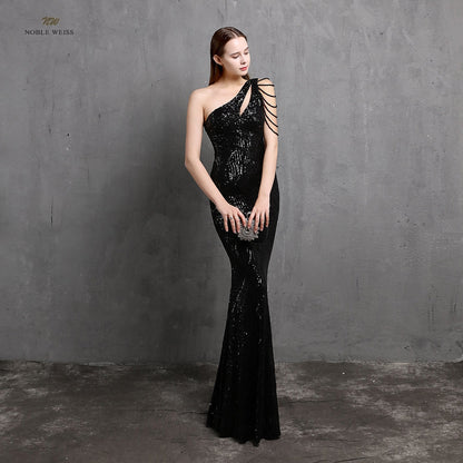 Amy Fashion - One-Shoulder Floor-Length Mermaid Sequined Evening Dress