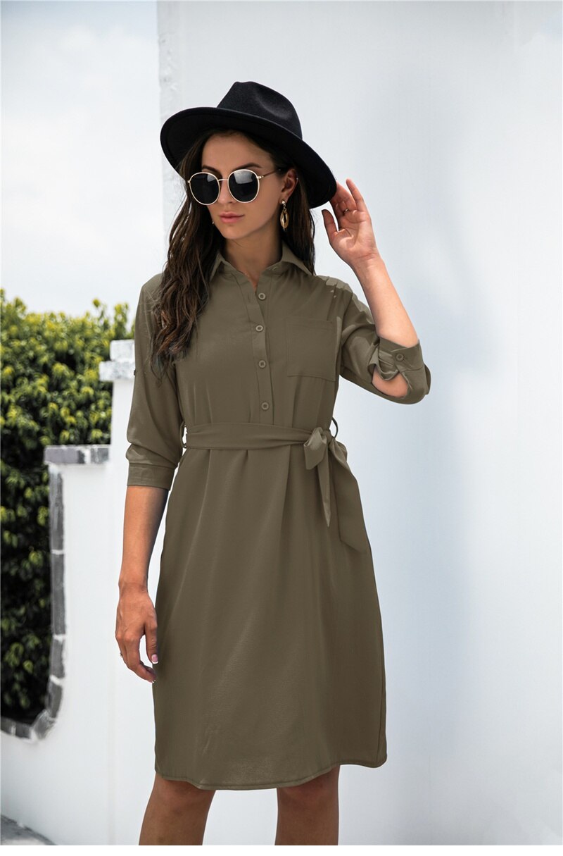 Amy Fashion - Solid Color Button Lapel Sleeve Shirt Dress