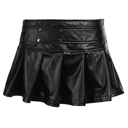 Gothic Leather Pleated Short Black Side Zipper  A-line Fashion Skirt