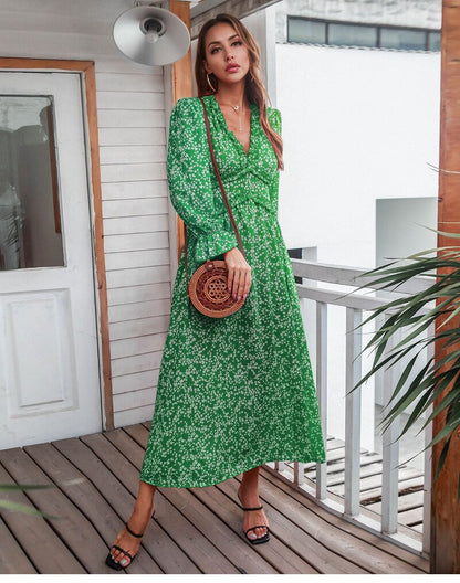 Amy Fashion - Slim High Waist V Neck Flare Sleeve Floral Maxi Dresses