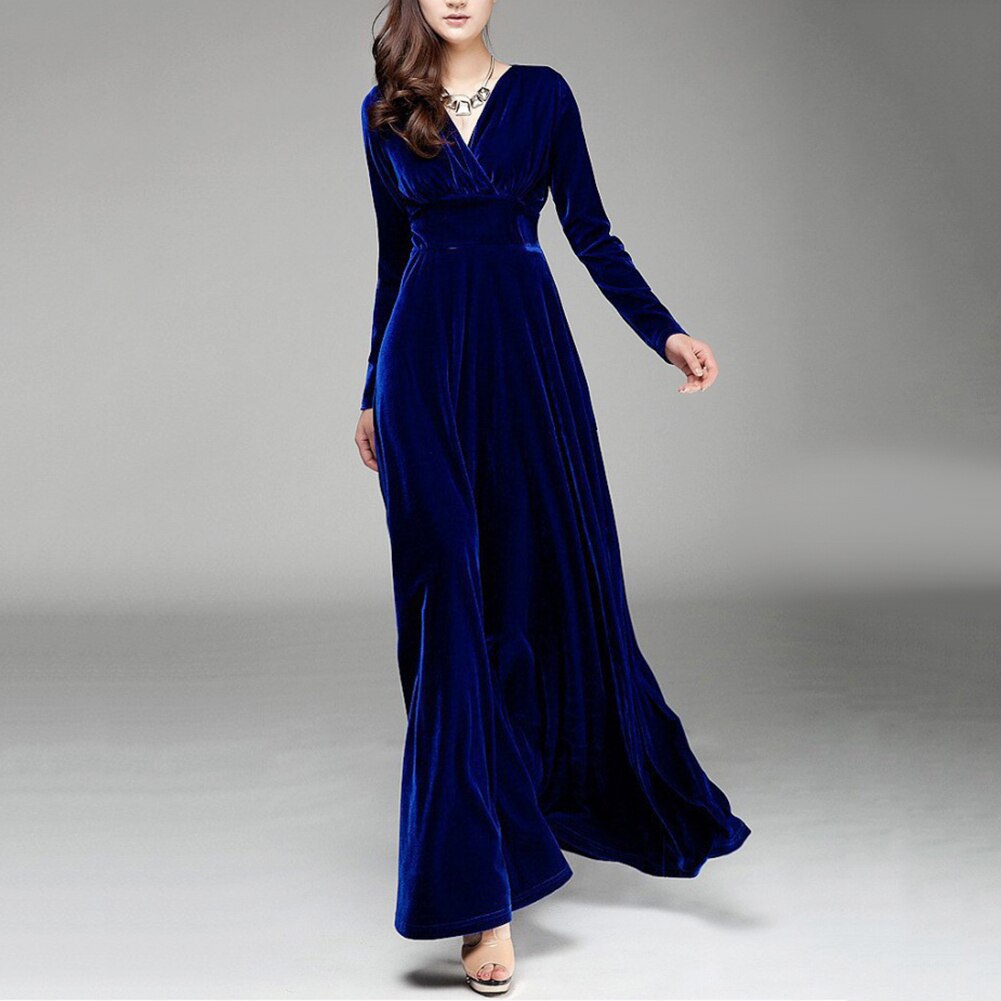 Amy Fashion - V Neck Pleated Velvet Banquet Maxi Dress