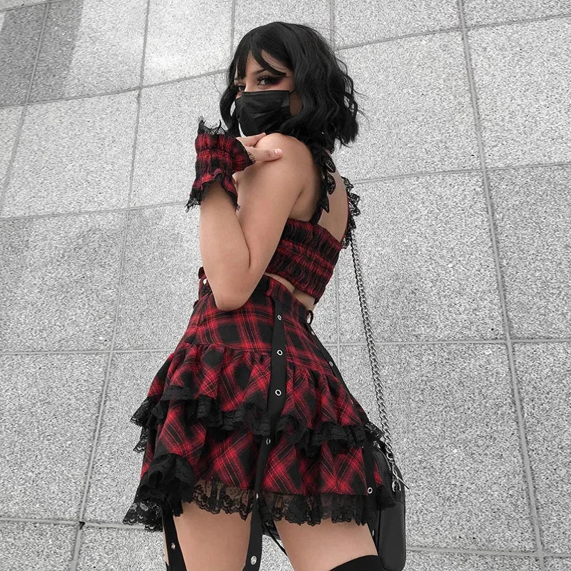 Fashion Harajuku Plaided Skirt High Sets Mini Girl Streetwear Waist Lolita Gothic Japanese Plaid