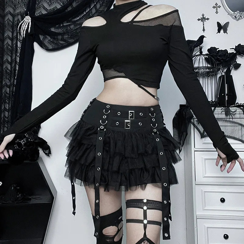 Skirt Ribbons Gothic Dark Cake Harajuku CyberY2k Hop Hip Mesh Eyelet Women E-girl Patchwork Streetwear