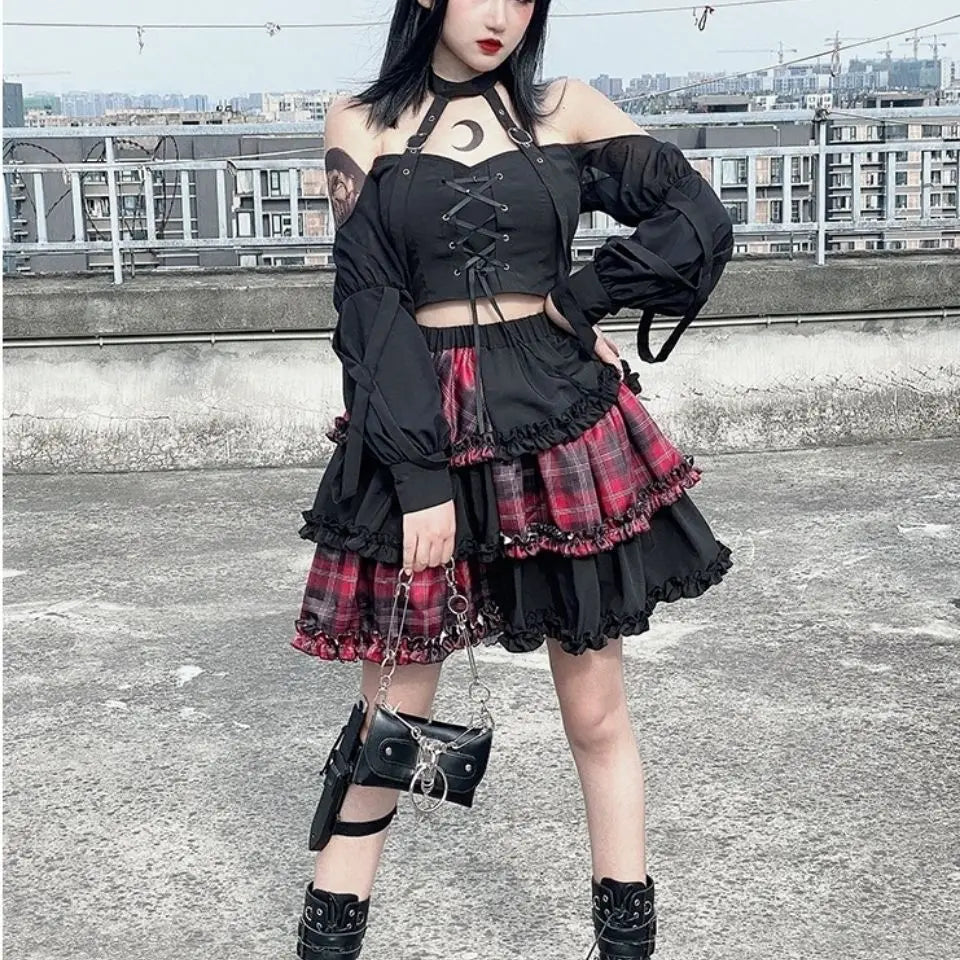 Rock Stitching Skirt Spice Cosplay Red High Plaid Girl Waist Harajuku Two-dimensional Dark Petticoat A-line