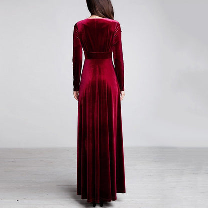 Amy Fashion - V Neck Pleated Velvet Banquet Maxi Dress