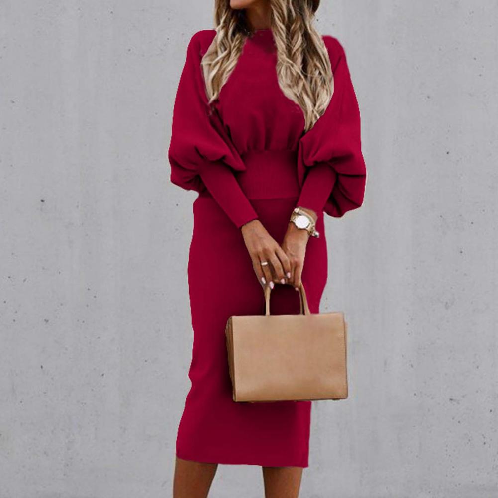 Amy Fashion - Tight High Waist Elegant Long Lantern Sleeve O-Neck Dress