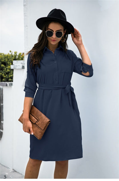 Amy Fashion - Solid Color Button Lapel Sleeve Shirt Dress