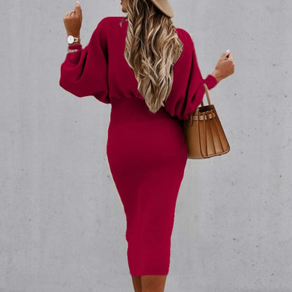 Amy Fashion - Tight High Waist Elegant Long Lantern Sleeve O-Neck Dress