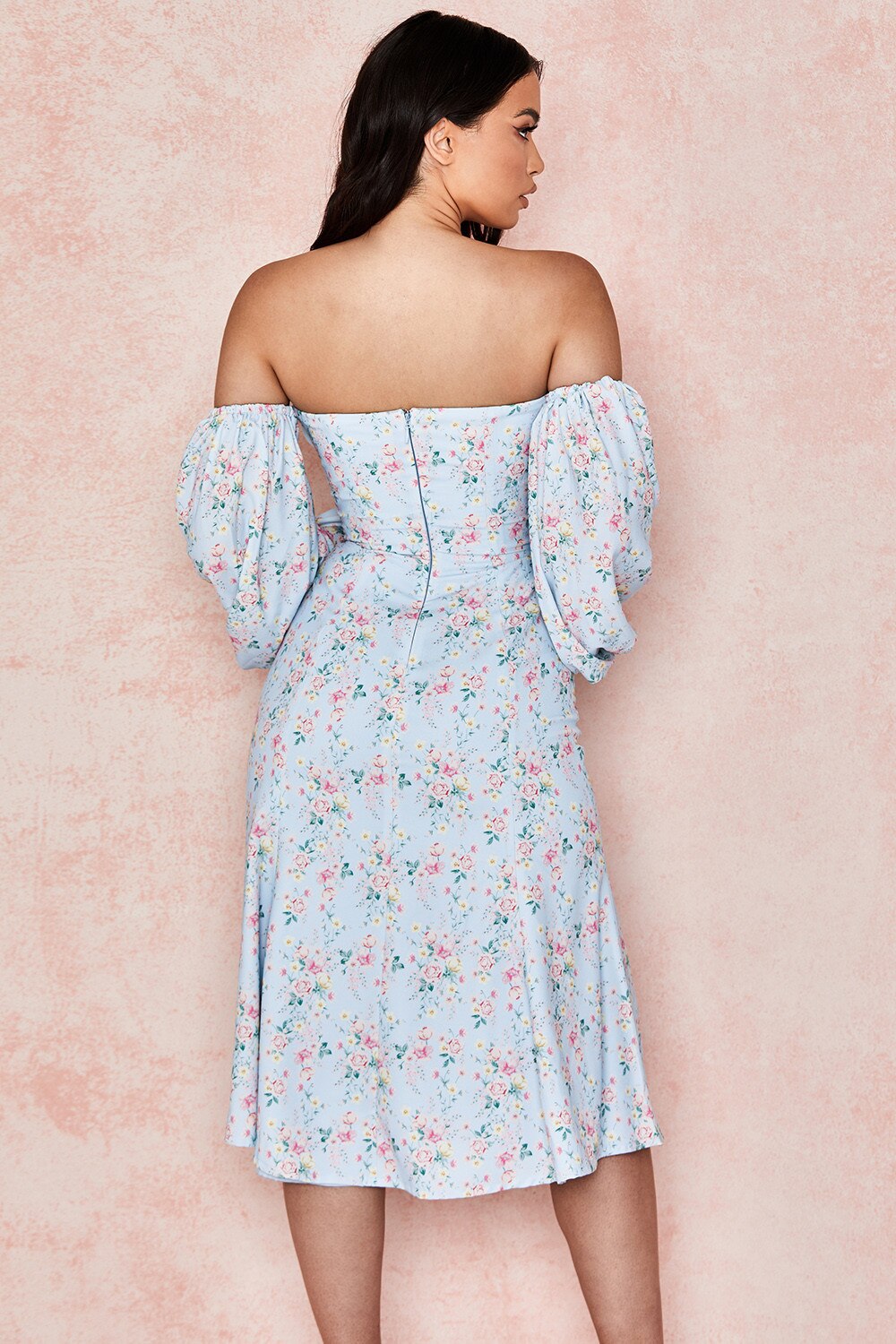 Amy Fashion - Sweet Off Shoulder Puff Sleeve Spilt Buttons Dresses