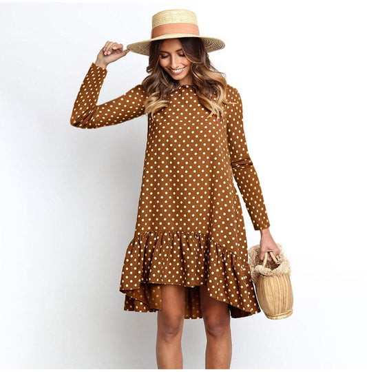 Amy Fashion - Fashion Polka Dot Chiffon Long Sleeve O Neck Ruffle Dress