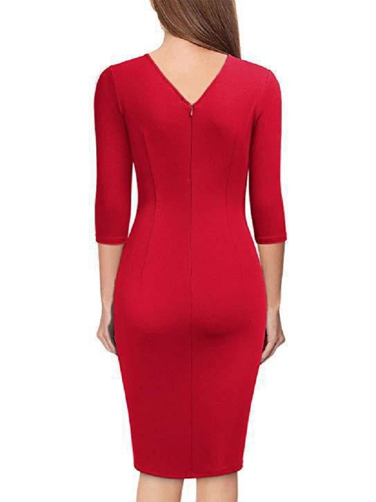 Amy Fashion - Elegant Office Formal Long Sleeves V-tie Belt Slim Dress