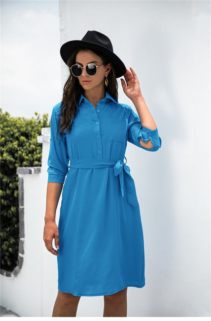 Amy Fashion - Solid Color Button Lapel Sleeve Shirt Dress