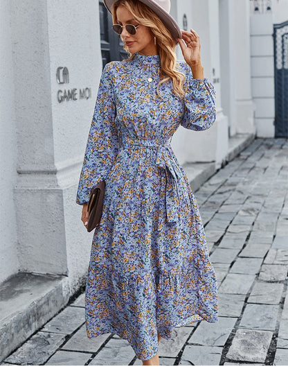 Amy Fashion - Autumn Winter Half High Collar Floral Dress