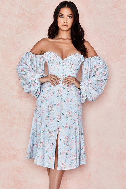 Amy Fashion - Sweet Off Shoulder Puff Sleeve Spilt Buttons Dresses