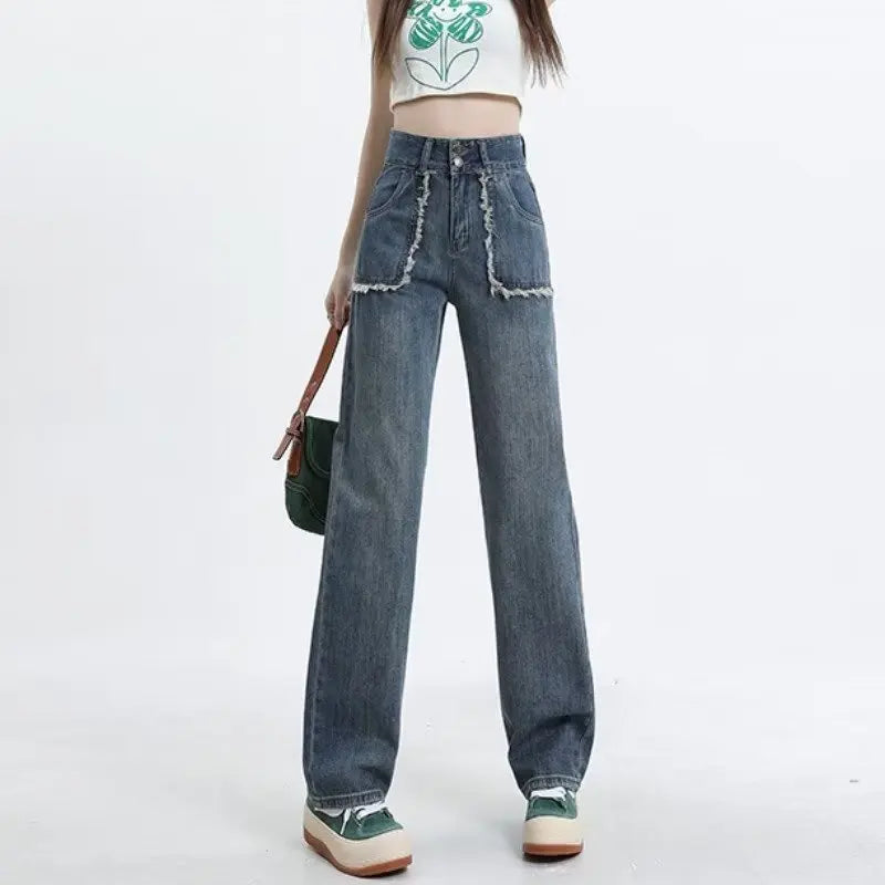 Amy Fashion - High End Raw Edge Stitching Design Lifting Buttocks Slimming Straight Wash Summer Denim Jean