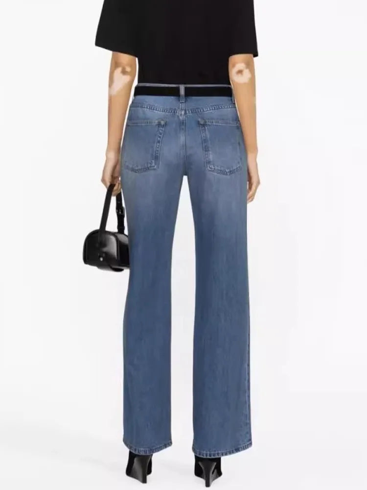 Amy Fashion - High Quality Autumn New Floor-length Denim High-waisted Minimalist Style Loose Wide-leg Jean