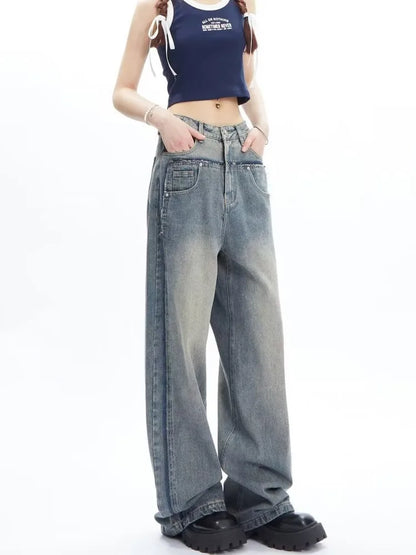 Amy Fashion - High Street Niche Design Wide Leg Washed For Men And Women Straight Tube Loose Fitting Retro Pants Trendy Women's Jean