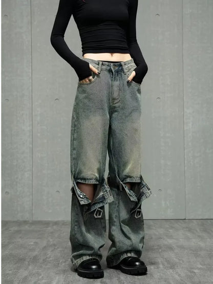 Amy Fashion - Wide Leg Washed For Men And Women Straight Tube Loose Fitting Retro High Street Niche Design Jean