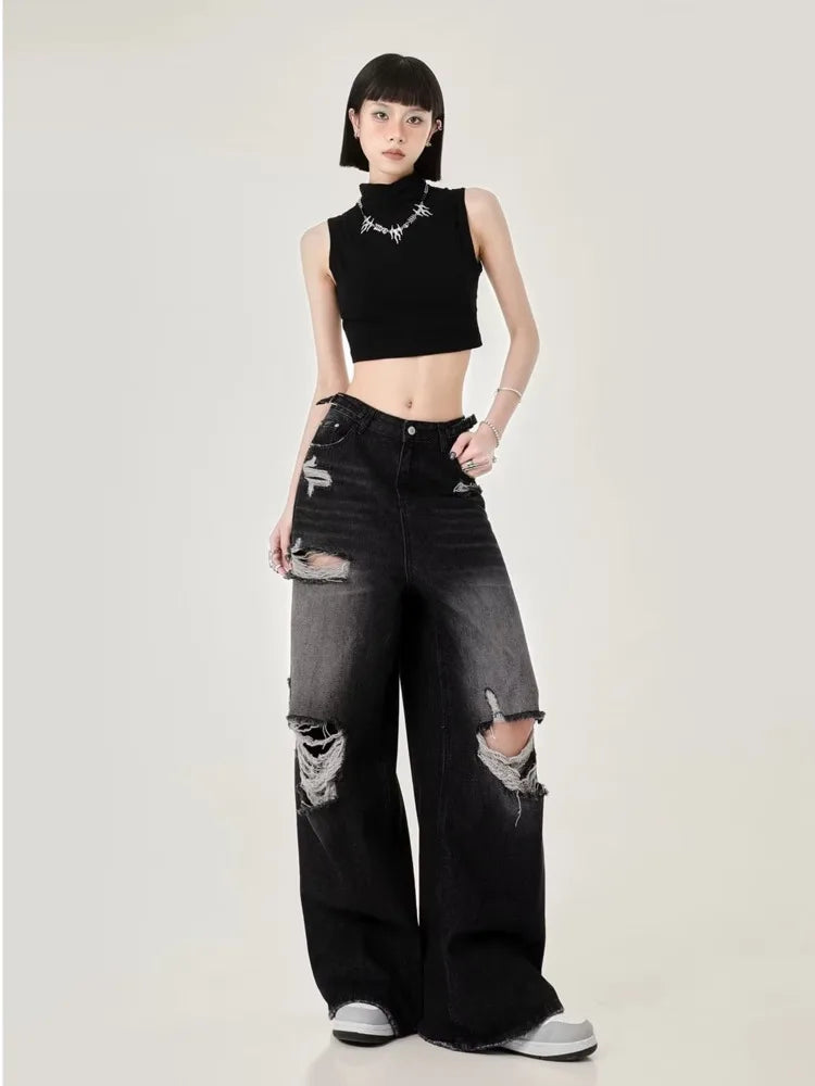 Amy Fashion - Perforated Women's Summer New INS Fashion Brand Straight Tube Loose Sweeping High Street Jean