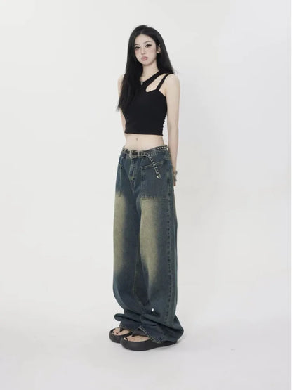 Amy Fashion - High Street Trendy Brand Summer Retro Straight Tube Floor Sweeping Denim Jean