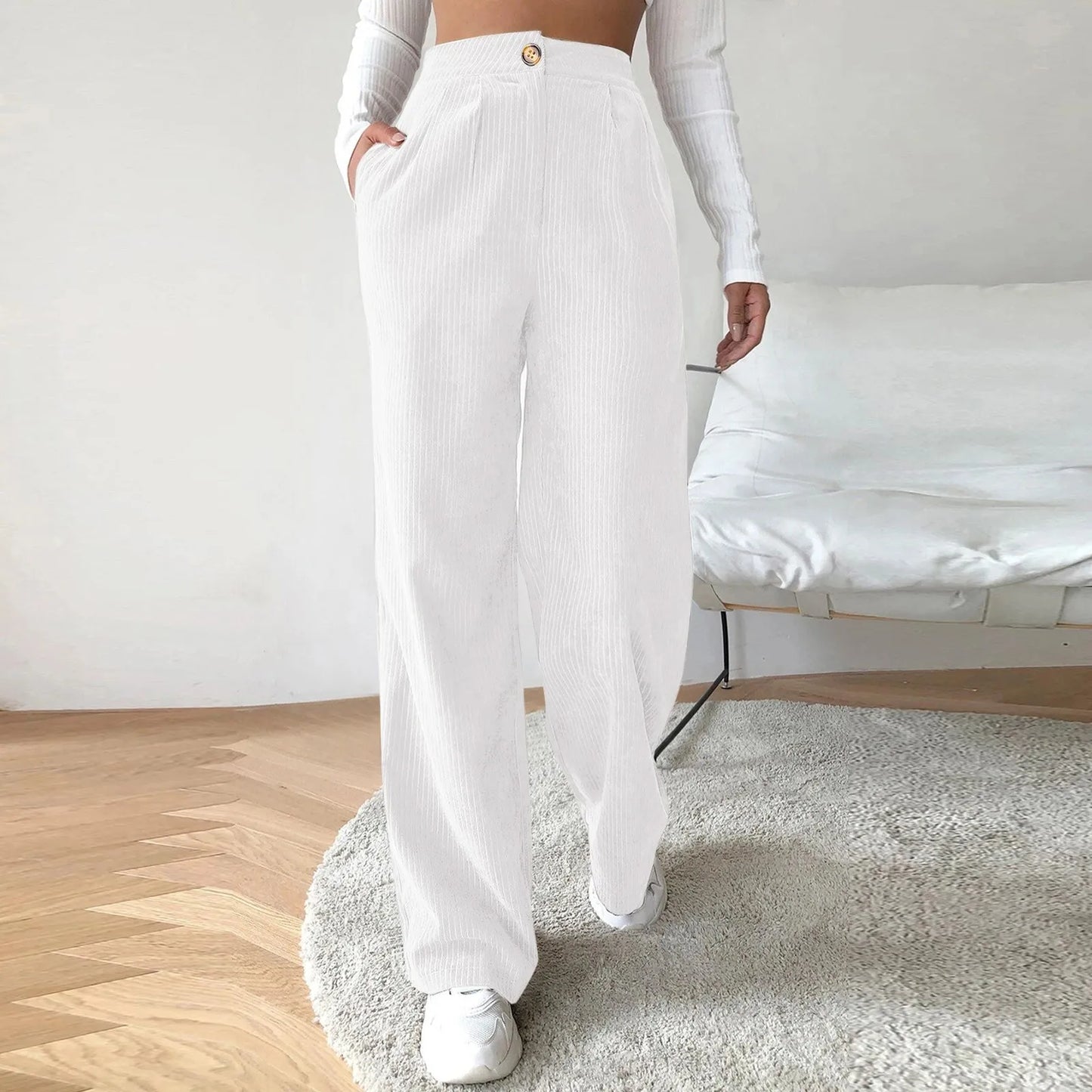 High Waist Wide Spring Solid Causal Straight Loose Vintage Trouser