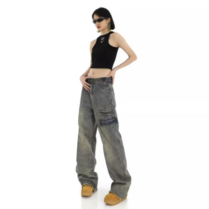 Amy Fashion - Unique Design Straight Pocket Floor Long Retro High Waisted Workwear Summer Women's Jean