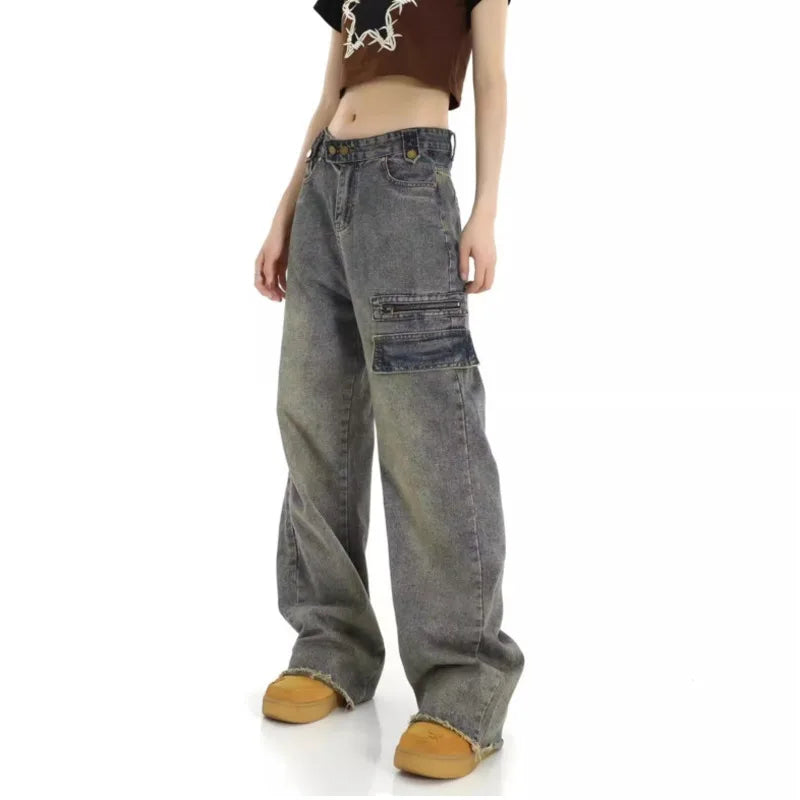 Amy Fashion - Unique Design Straight Pocket Floor Long Retro High Waisted Workwear Summer Women's Jean