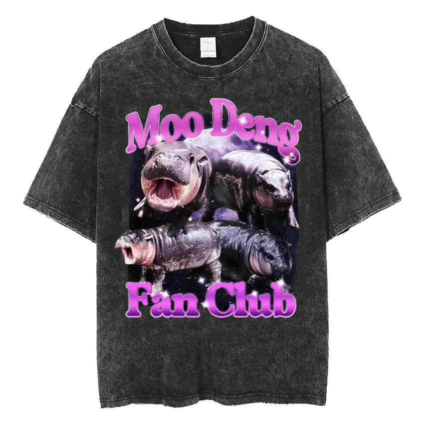 Vintage Washed Funny Cute Baby Hippo Hold On I’m Overstimulate Men Women T-Shirts Moo Deng