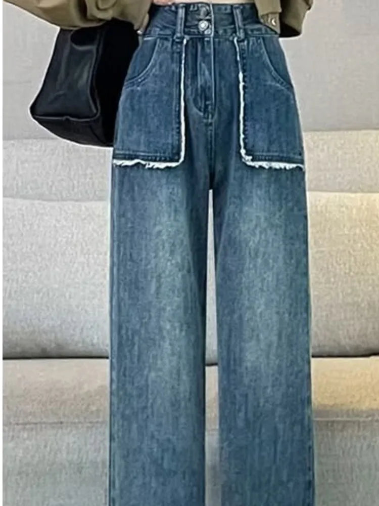 Amy Fashion - INS Versatile Light Color Thickened New Long Art Natural Waist Popular Spring And Autumn Jean