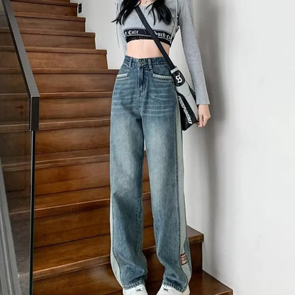 Amy Fashion - INS Zipper Versatile Japanese Washable New Style Spring And Autumn Natural Waist Wide Leg Fashion Jean