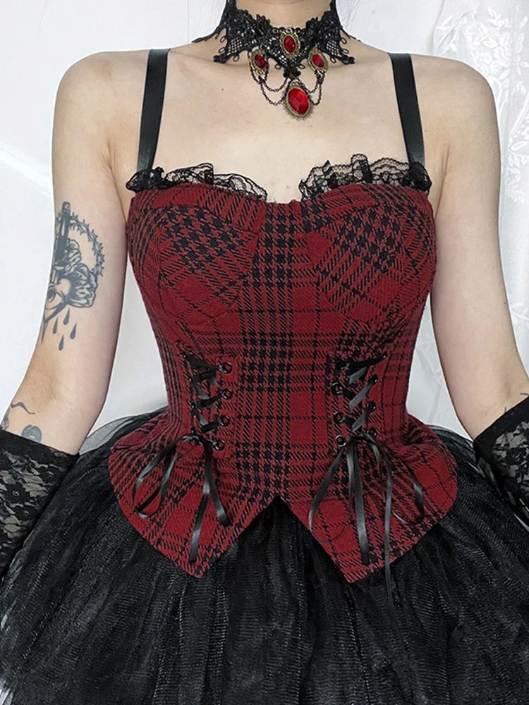 Sleeveless Plaid Bandage Goth Crop Aesthetic Top Cropped Red Patchwork Mall