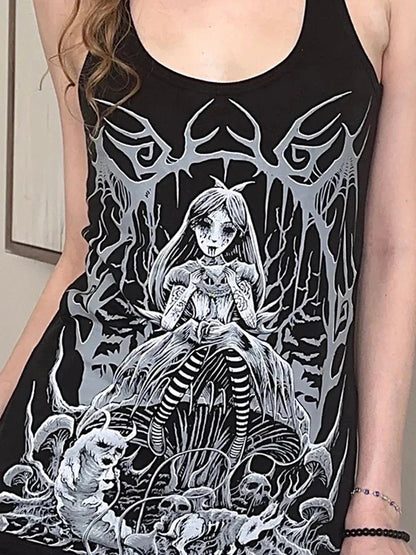 Retro Top Neck Crop Gothic Sleeveless Graphic Round