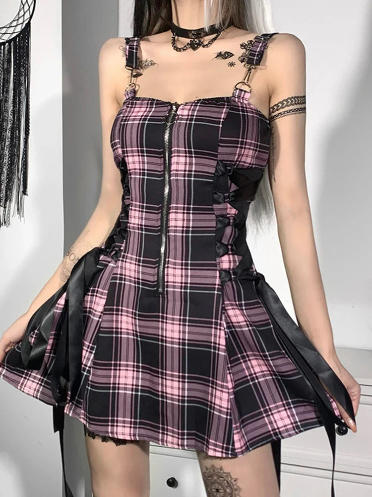 Sexy High Aesthetic Mall Zipper Grunge Party Emo Mini Spaghetti Strap Goth Waist Dress Plaid Punk