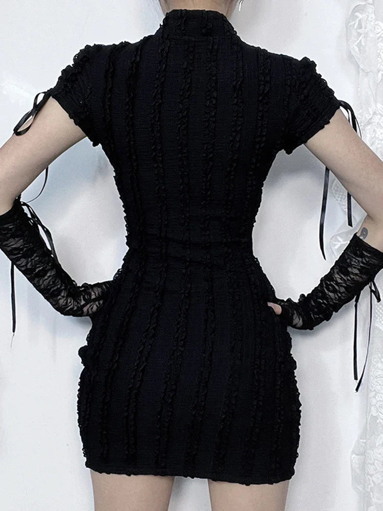 Hollow Gothic Vertical Sleeve Collar Knitted Short Vertical Hip Dress Texture Out