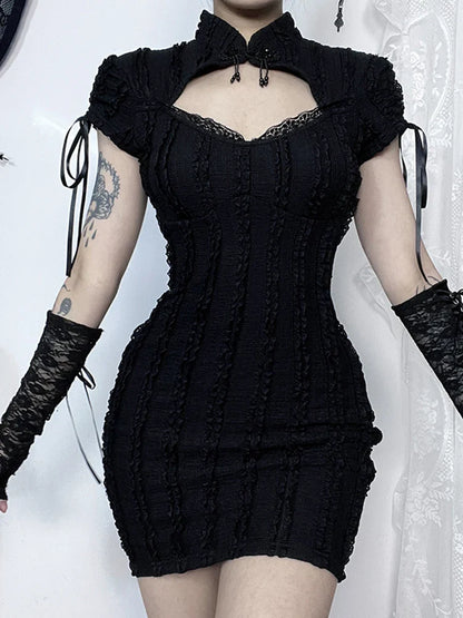 Short Dress Vertical Texture Gothic Out Small Hollow Knitted Collar Sleeve Hip Grunge