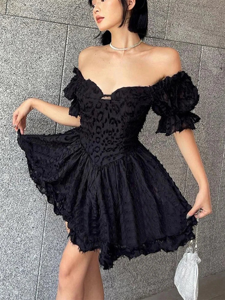 Mini High Sleeve Ball Puff Dress V-neck Gown Aesthetic Goth Black Waist Vintage Lolita Summer Corset