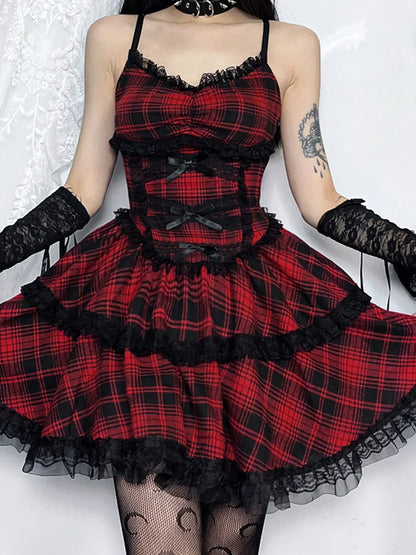 Black Party A-Line Backless Emo Grunge Plaid Goth Punk Dress Mall Lace Dress Mini Up