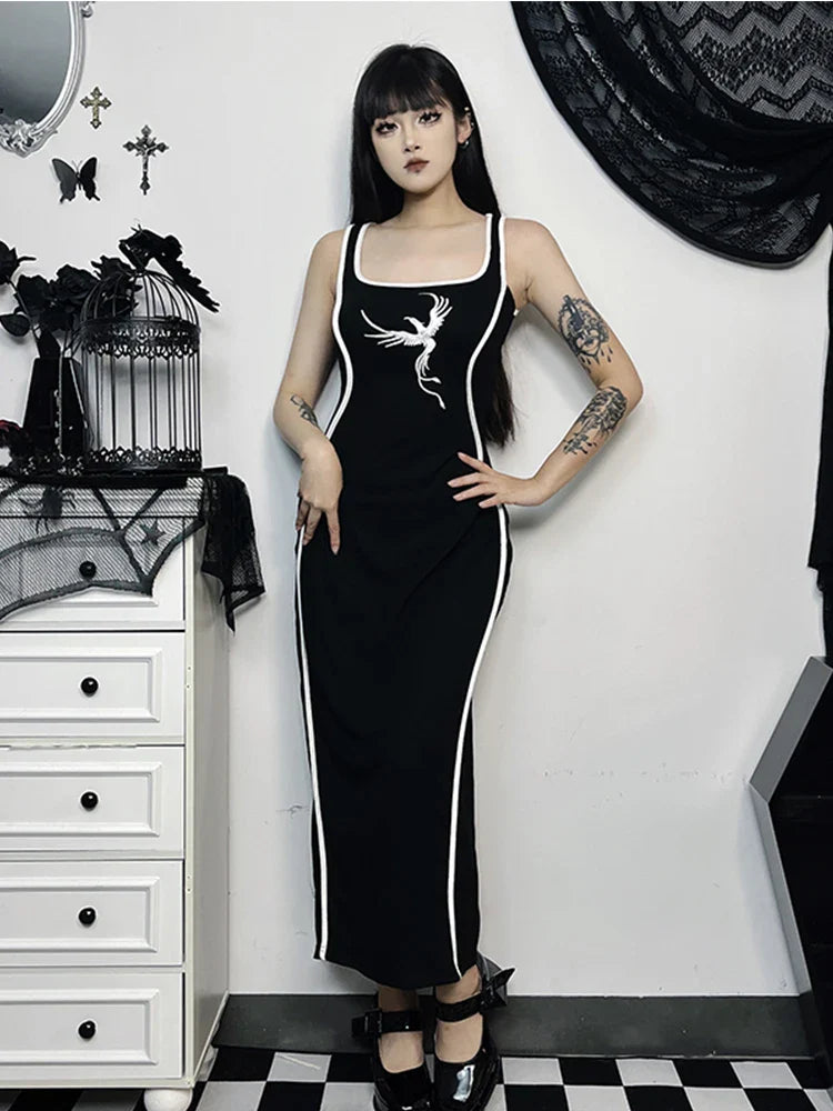 Sexy White Sleeveless Neck Bodycon Embroidery Gothic Tank High Waist Square Dress