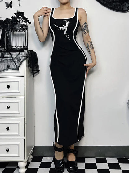 Sexy White Sleeveless Neck Bodycon Embroidery Gothic Tank High Waist Square Dress