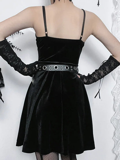 Neck V A-Hem Spaghetti Sleeveless Vintage Dress Goth Velvet Draped Strap Punk Cami Mini Bodycon