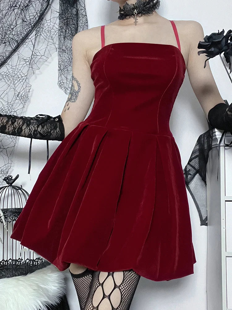 Dress Party High Velvet Shirring Year Solid Straps Elegant Mini Waist A-Line New Spaghetti