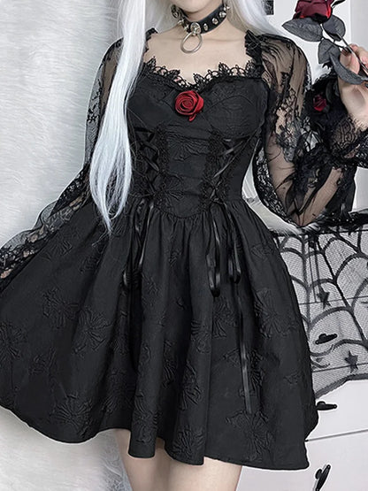 Lolita Harajuku Jacquard High Sexy Waist A-Line Lace Grunge Party Vintage Dark Dress Gothic Sleeve