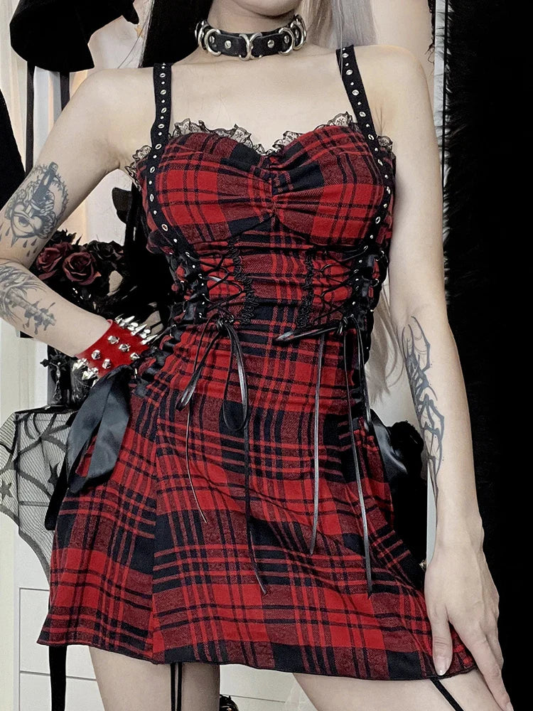 Lolita Pleated Y2K Mini Street Fairy Dress Lace-Up Grunge Plaid Red Tube Goth Eyelet Corset