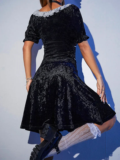 Harajuku Summer Velvet Fashion Waist A-Line Party Black Dress Elegant High Chic Sexy Corset Emo