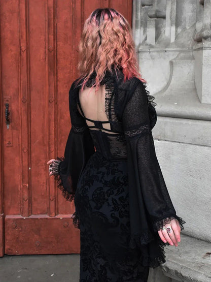 Harajuku Street Gothic Dress Print Sling Club Lace Midi Velvet Mesh Bandage Corset