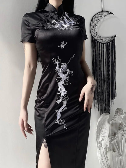 Women's Collar Side Retro Embroidery Cheongsam Dress Qipao Stand Slit Evening Dragon