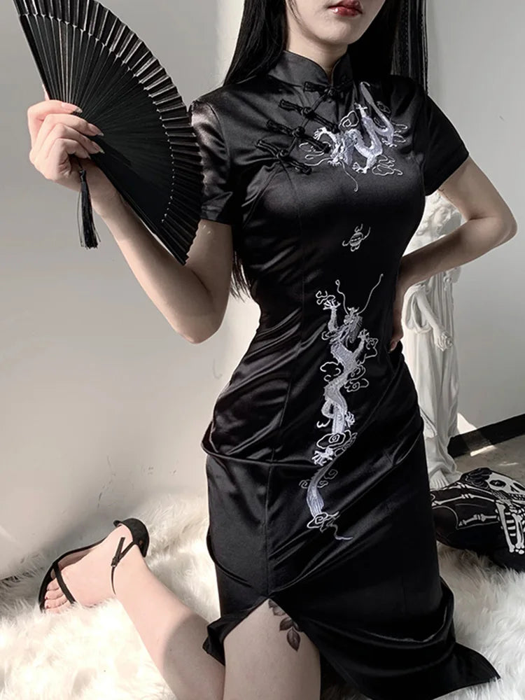 Women's Collar Side Retro Embroidery Cheongsam Dress Qipao Stand Slit Evening Dragon