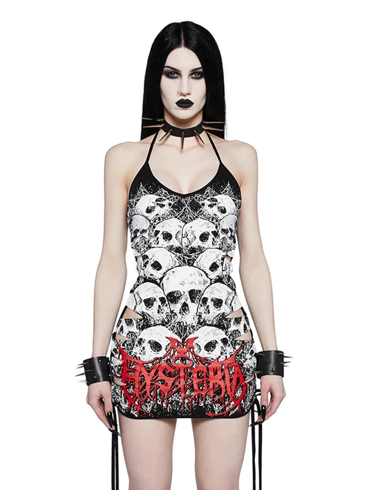 Dress Drawstring Party Punk Y2K Size Out Sleeveless Cami Print Hollow Strap Skull Plus Sling