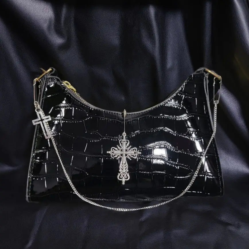 High Green Gothic Pattern Street Underarm Y2k Crocodile Cross Bag Chains Punk