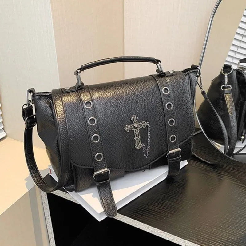 Y2K Casual Bag Leather Cross Retro Dark Messenger Gothic Black Crossbody Shoulder